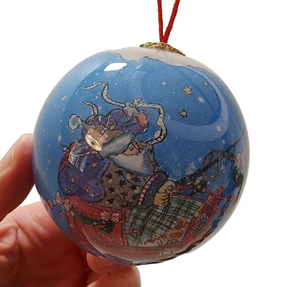 Pier 1 Li Bien Inside Painted Santa Sleigh & Reindeer Glass Ornament VTG w/ Box - Picture 3 of 6
